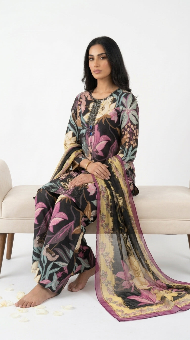 Printed Black Embroidered Cotton Lawn Shalwar Kameez with Chiffon Dupatta