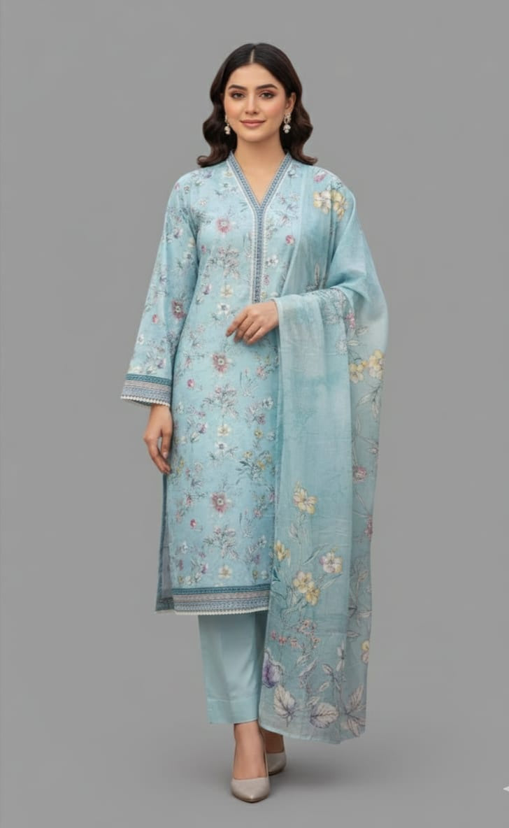 Printed Sky Blue Pure Lawn Shalwar Kameez with Printed Lawn Dupatta