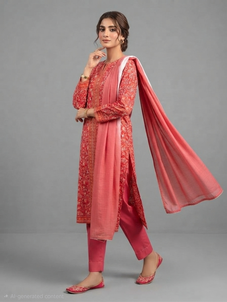 Printed Red Pure Lawn Shalwar Kameez with Matching Printed Lawn Dupatta