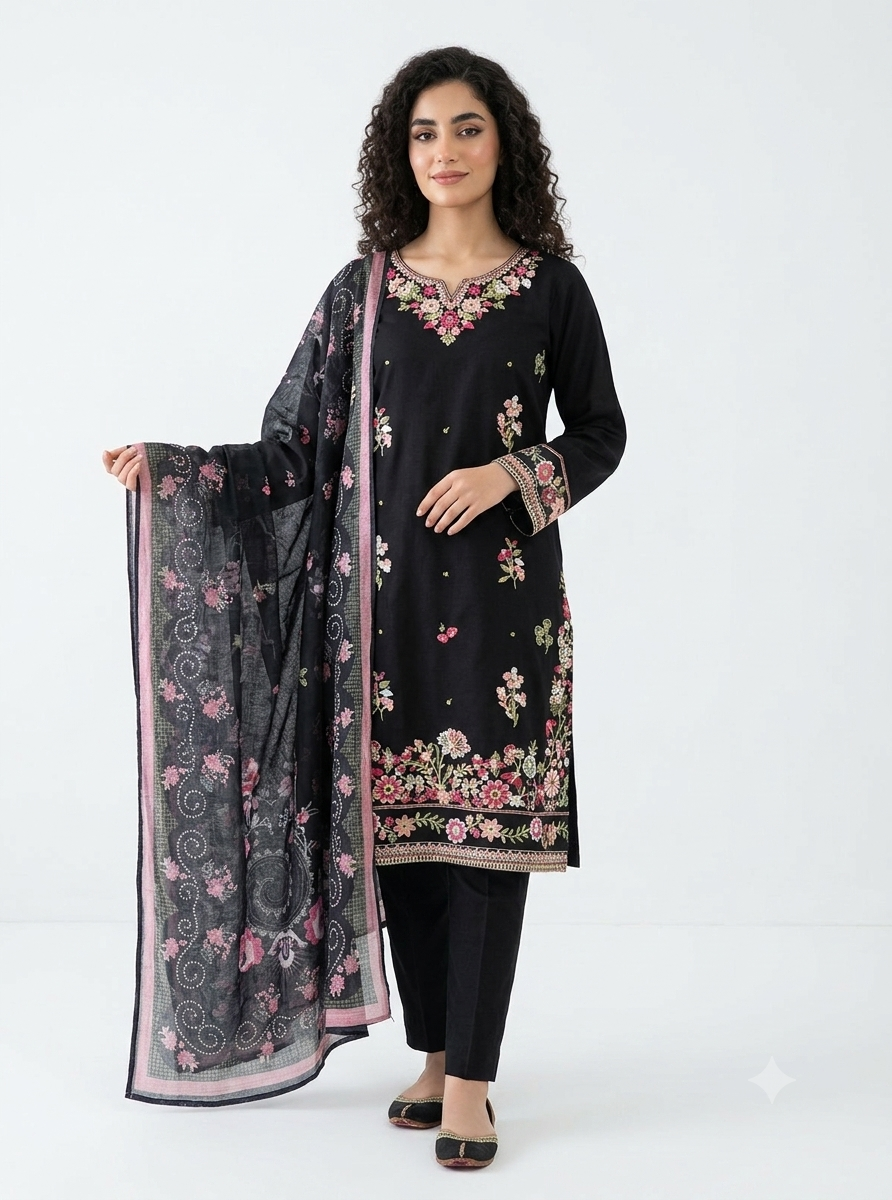 Elegant Black Embroidered Cotton Lawn Shalwar Kameez with Summer Dupatta