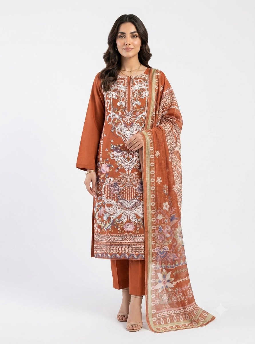 Vibrant Orange Embroidered Cotton Lawn Shalwar Kameez with Summer Dupatta