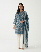 Teal Blue Embroidered Cotton Lawn Shalwar Kameez with Embroidered Dupatta