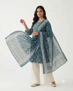 Teal Blue Embroidered Cotton Lawn Shalwar Kameez with Embroidered Dupatta
