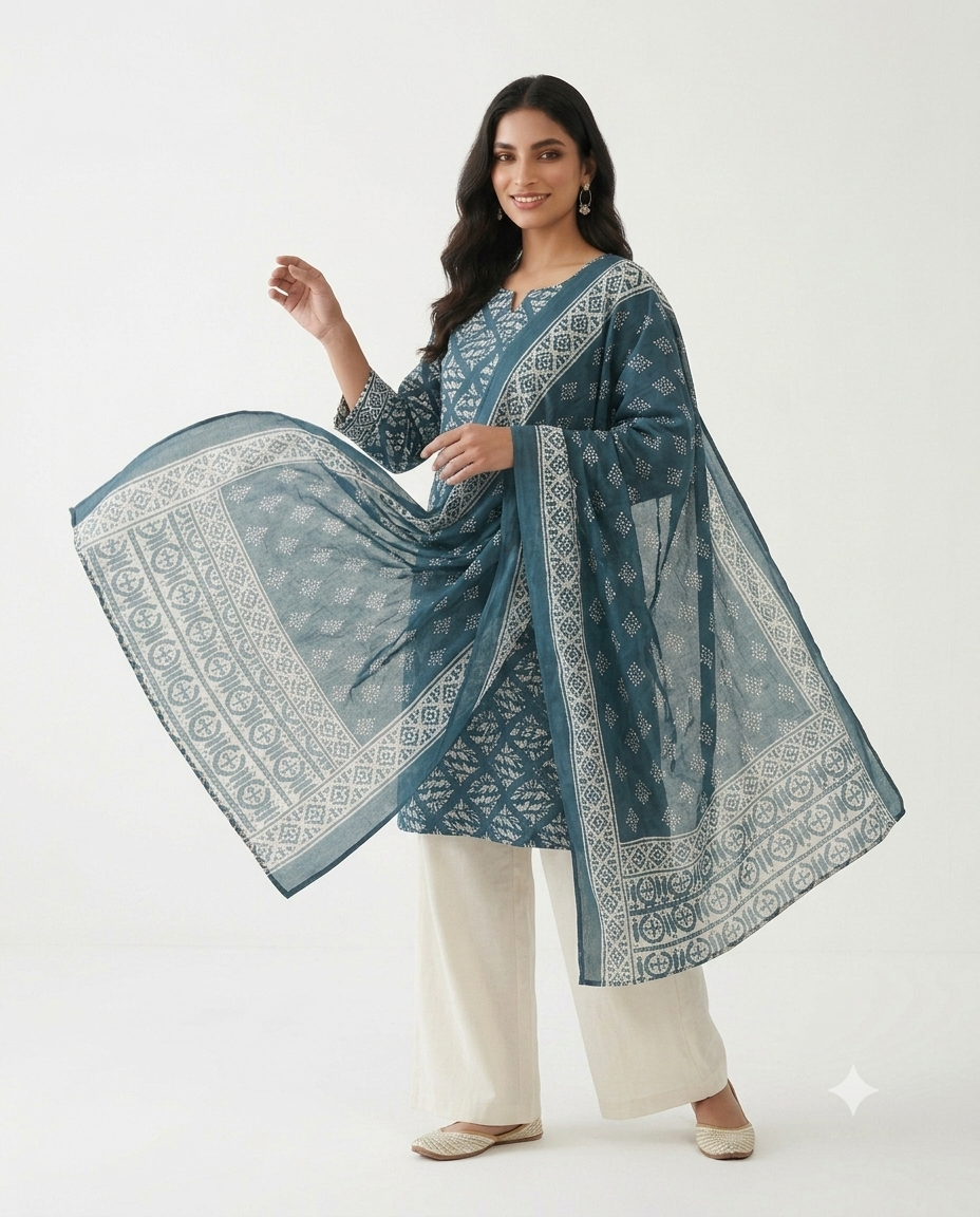 Teal Blue Embroidered Cotton Lawn Shalwar Kameez with Embroidered Dupatta