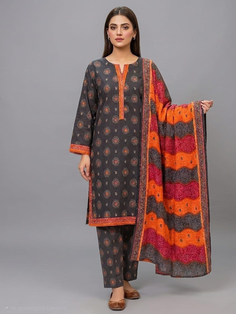 Printed Black Pure Lawn Shalwar Kameez with Matching Printed Lawn Dupatta