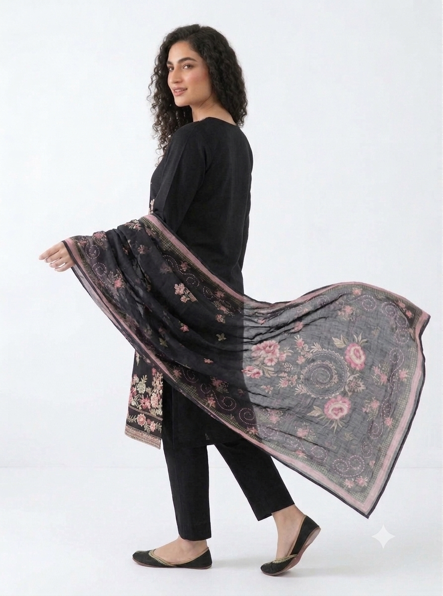 Elegant Black Embroidered Cotton Lawn Shalwar Kameez with Summer Dupatta