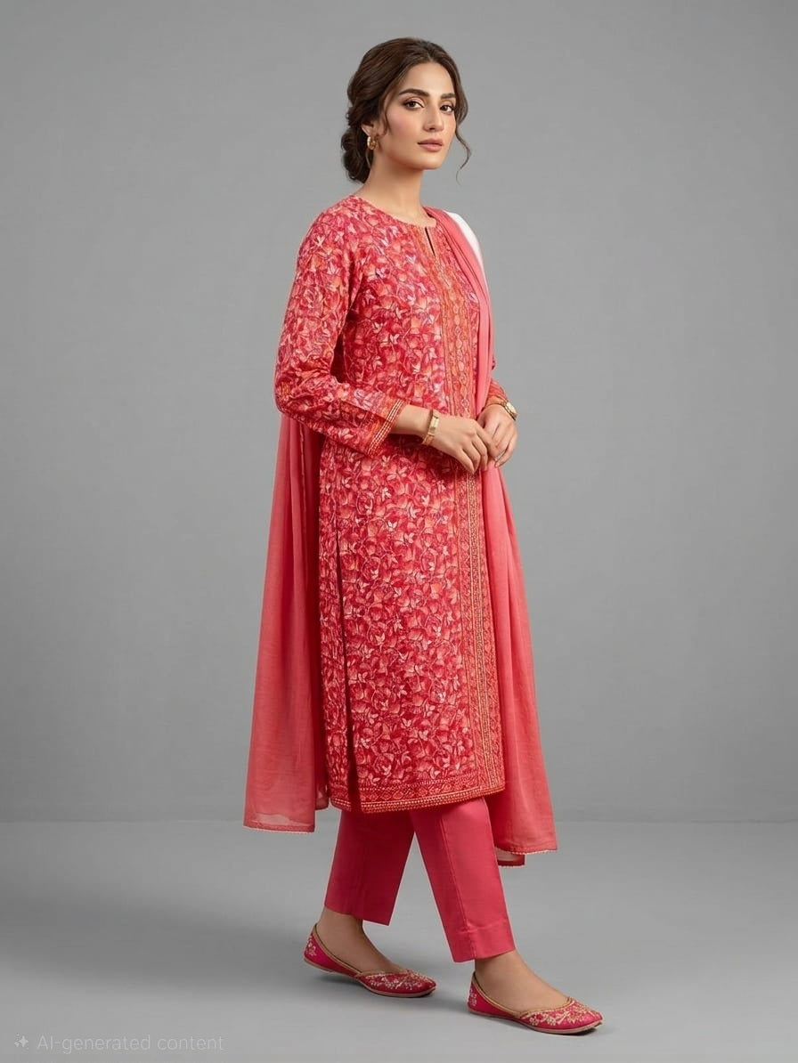 Printed Red Pure Lawn Shalwar Kameez with Matching Printed Lawn Dupatta