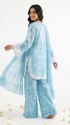 Printed Blue Pure Lawn Embroidered Kameez with Farshi Shalwar with Chiffon Dupatta