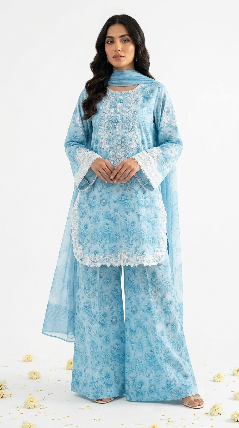 Printed Blue Pure Lawn Embroidered Kameez with Farshi Shalwar with Chiffon Dupatta