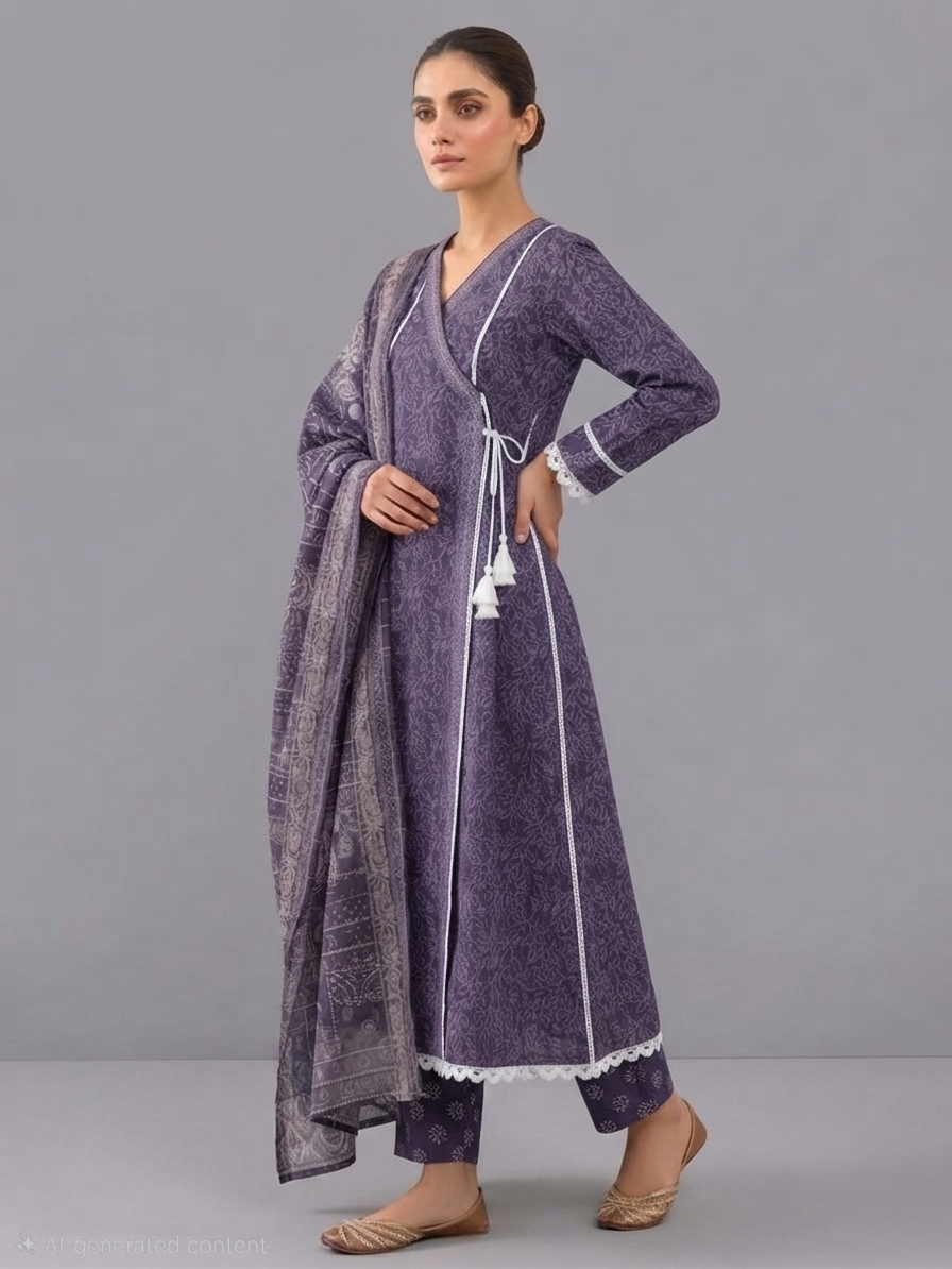 Printed Purple Pure Lawn Shalwar Kameez with Matching Printed Lawn Dupatta