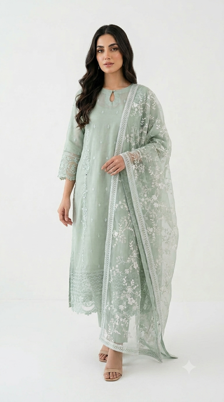 Sage Green Embroidered Organza Shalwar Kameez with Organza Dupatta