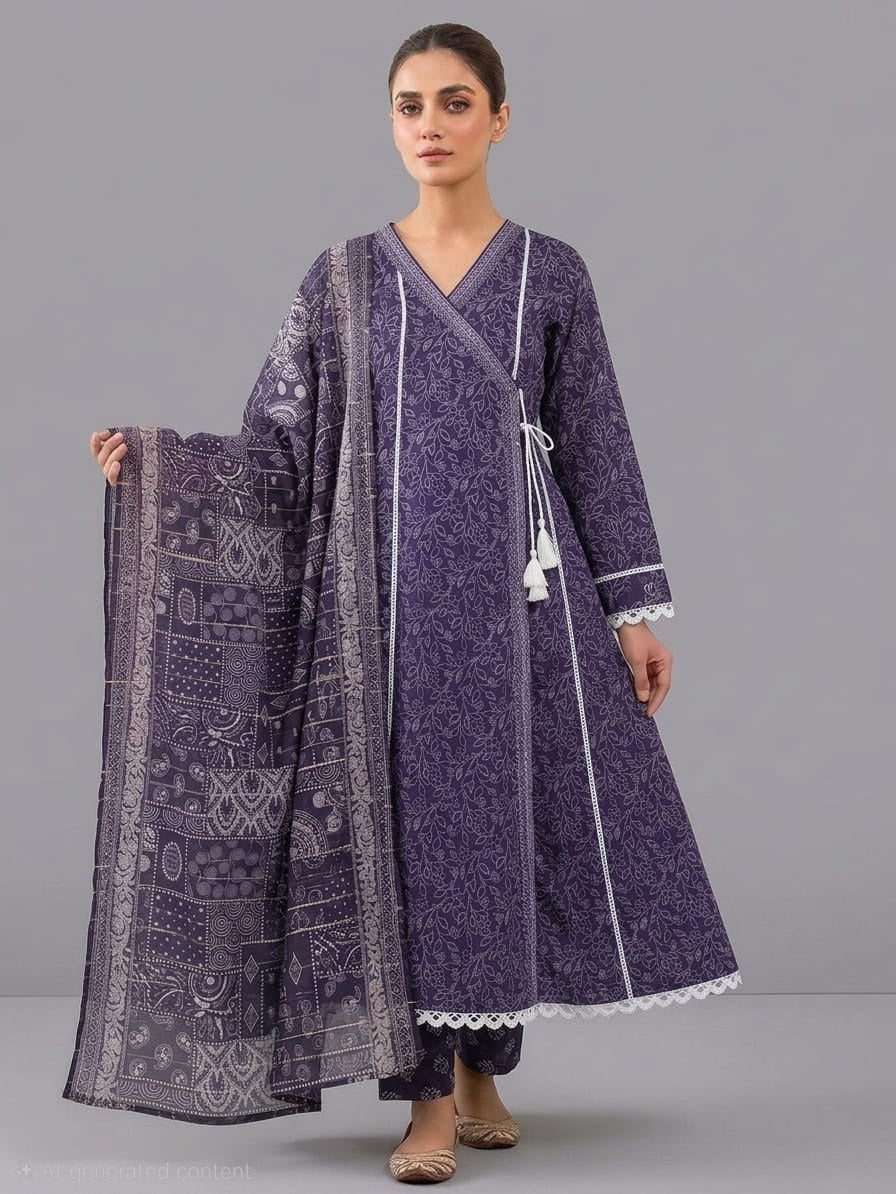 Printed Purple Pure Lawn Shalwar Kameez with Matching Printed Lawn Dupatta