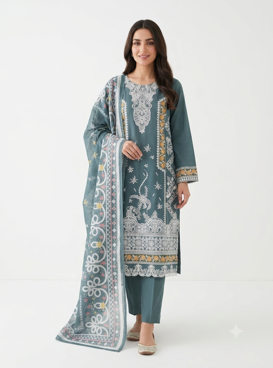 Turquoise Embroidered Cotton Lawn Shalwar Kameez with Summer Dupatta