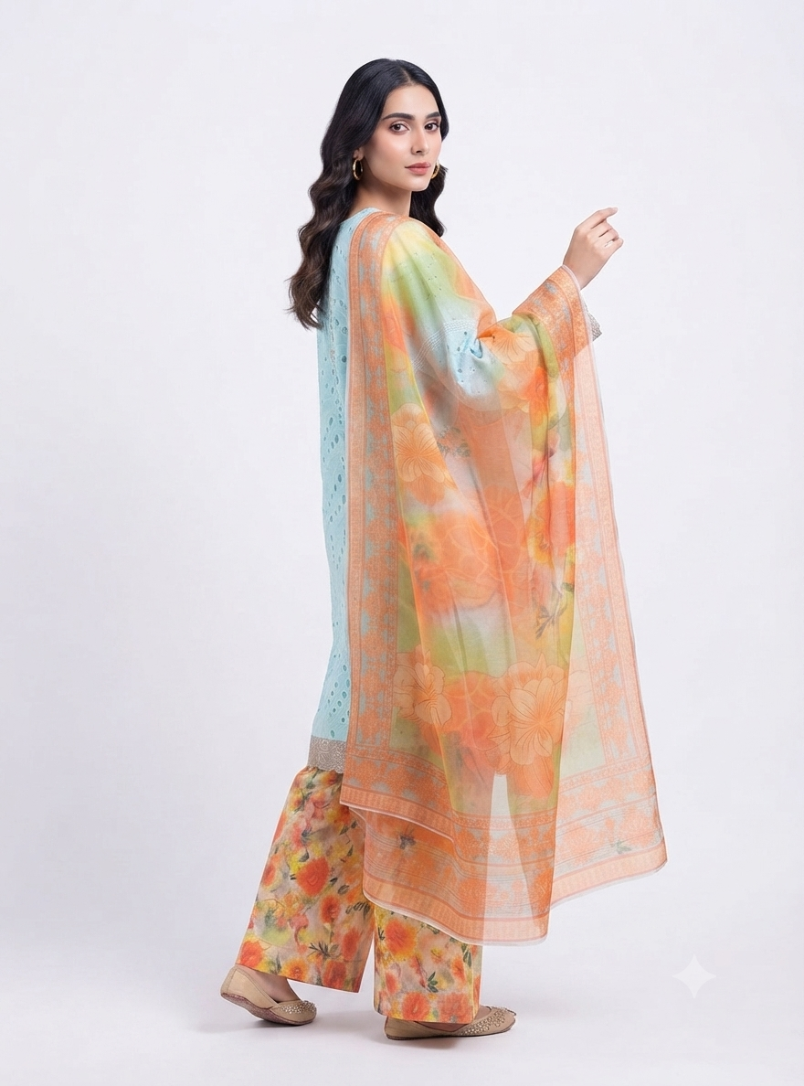 Aqua Blue Pure Lawn Chikankari Kameez with Printed Floral Shalwar