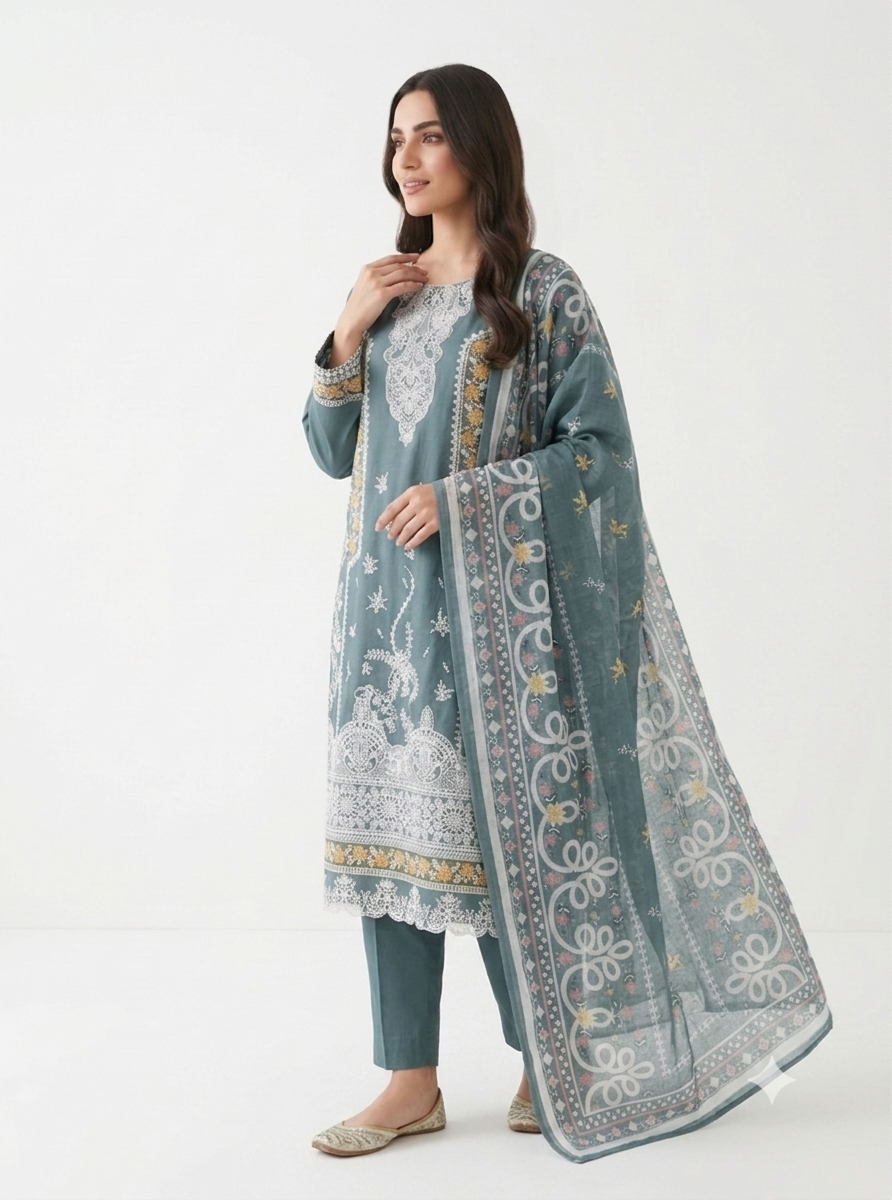 Turquoise Embroidered Cotton Lawn Shalwar Kameez with Summer Dupatta