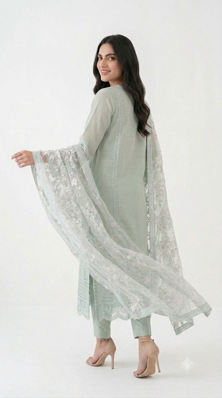 Sage Green Embroidered Organza Shalwar Kameez with Organza Dupatta