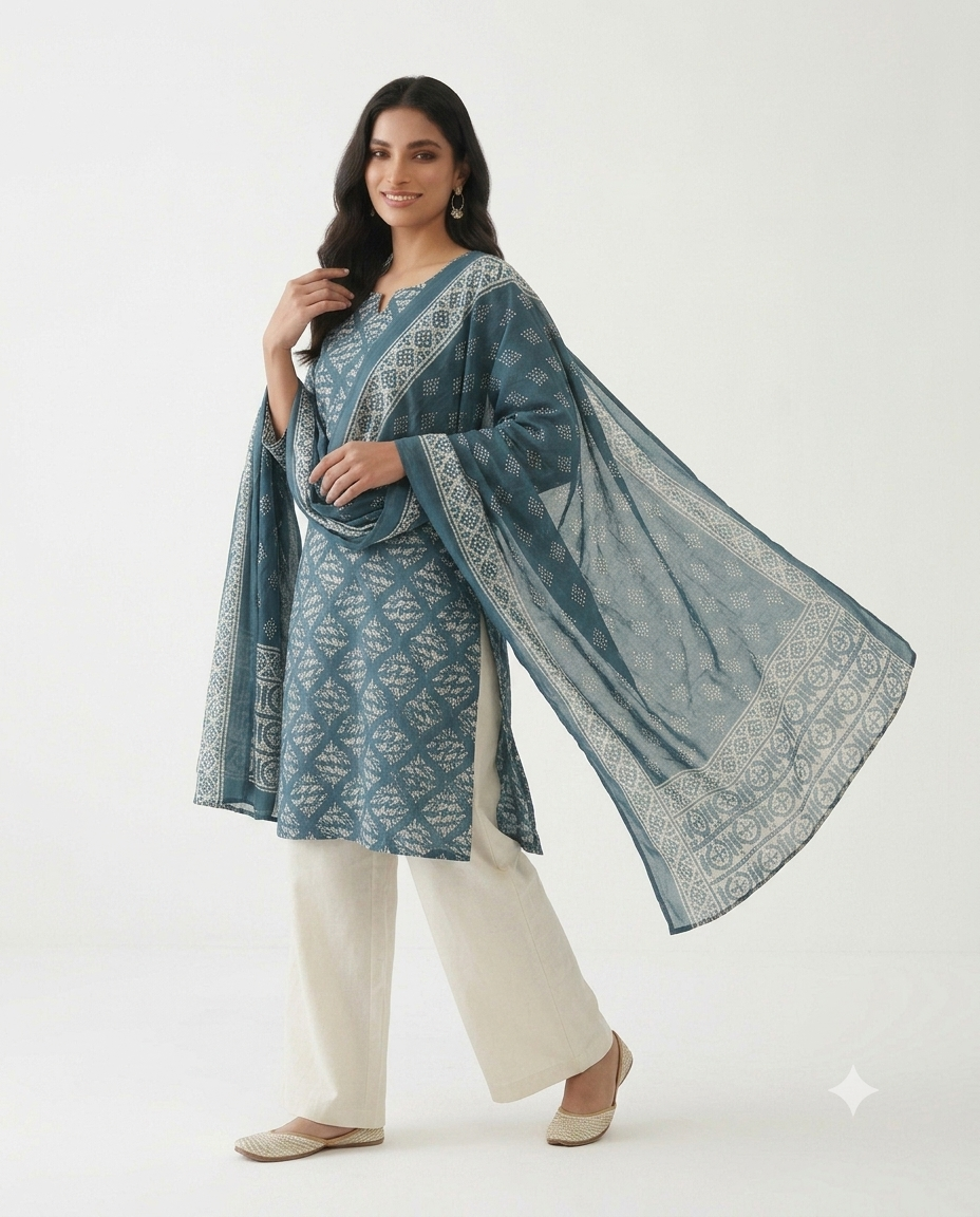 Teal Blue Embroidered Cotton Lawn Shalwar Kameez with Embroidered Dupatta