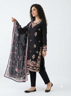Elegant Black Embroidered Cotton Lawn Shalwar Kameez with Summer Dupatta