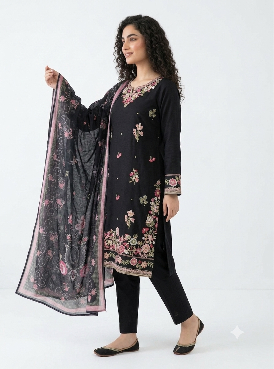 Elegant Black Embroidered Cotton Lawn Shalwar Kameez with Summer Dupatta