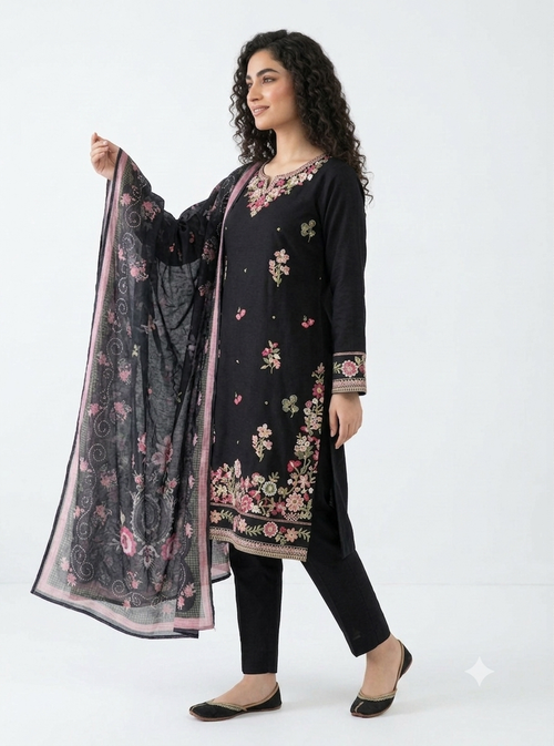 Elegant Black Embroidered Cotton Lawn Shalwar Kameez with Summer Dupatta