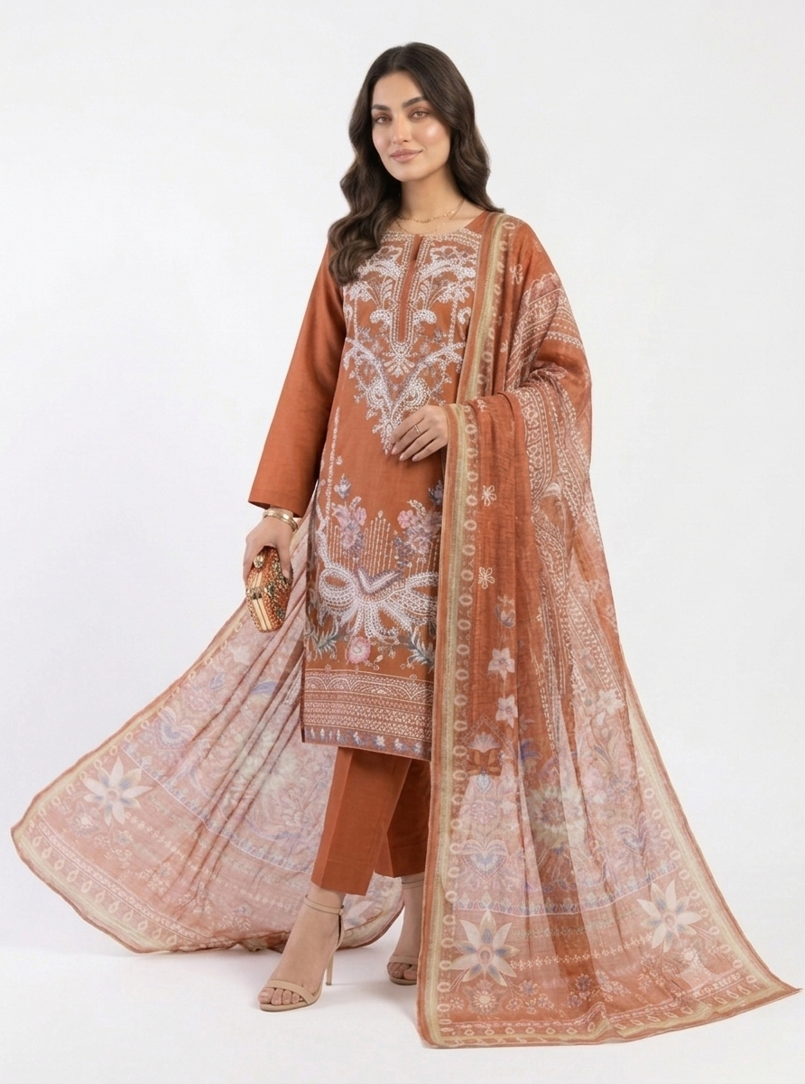 Vibrant Orange Embroidered Cotton Lawn Shalwar Kameez with Summer Dupatta