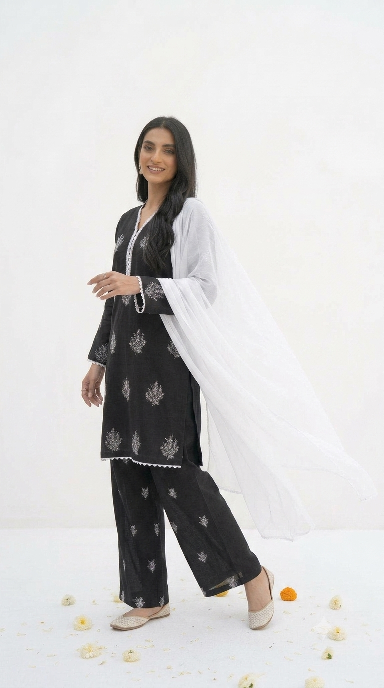 Black Embroidered Lawn Shalwar Kameez with White Embroidery