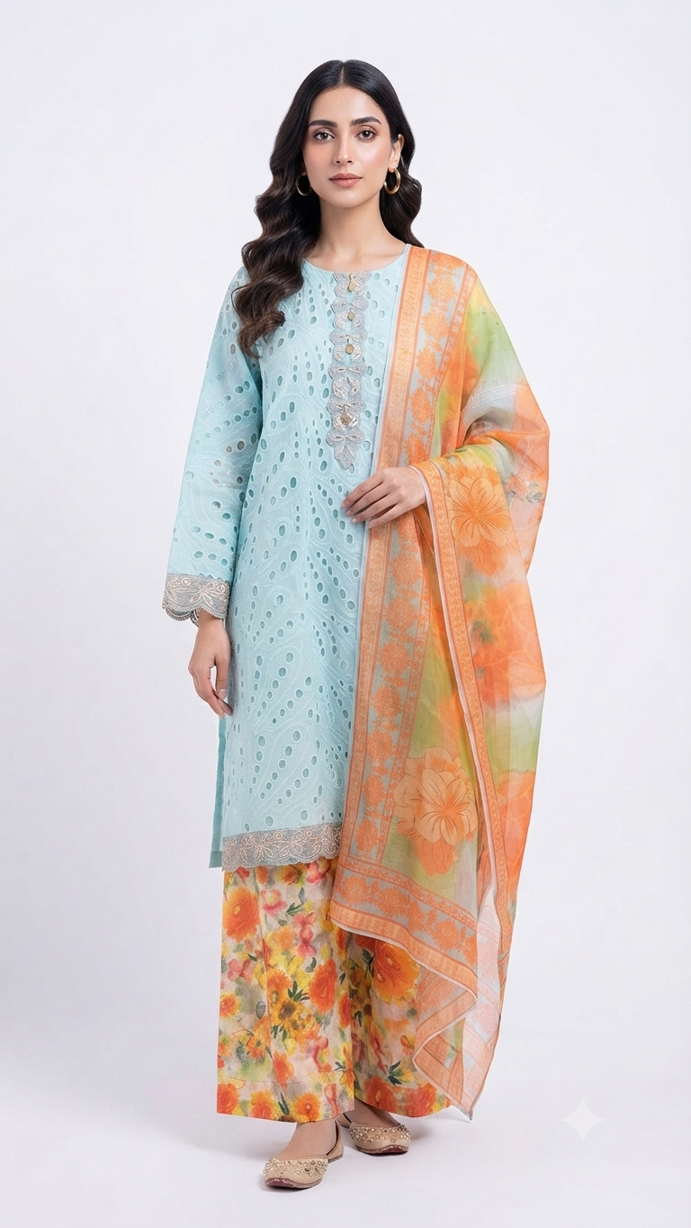 Aqua Blue Pure Lawn Chikankari Kameez with Printed Floral Shalwar