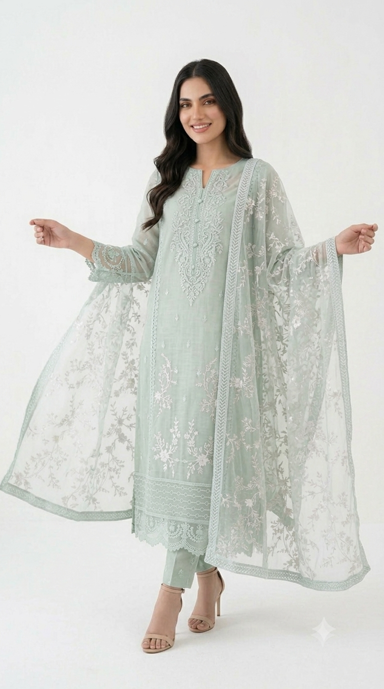 Sage Green Embroidered Organza Shalwar Kameez with Organza Dupatta