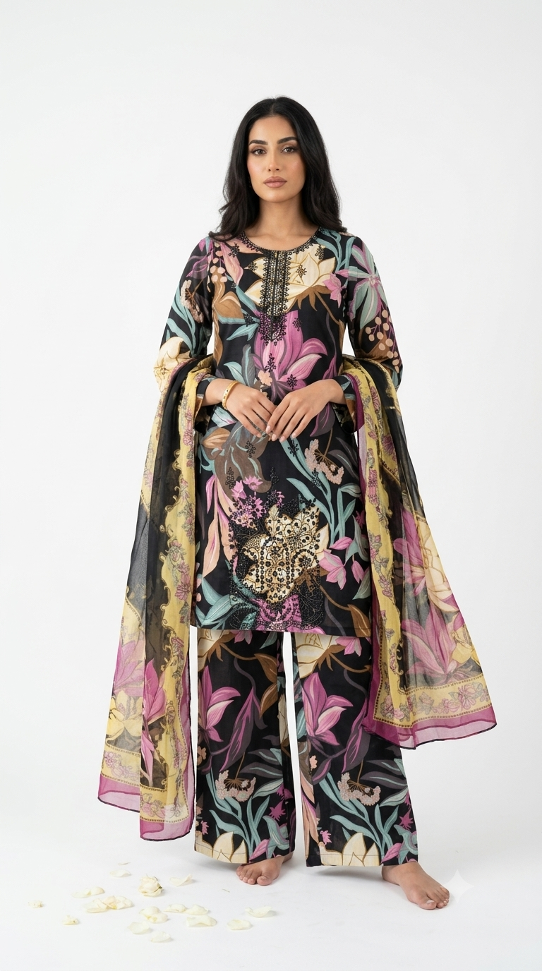 Printed Black Embroidered Cotton Lawn Shalwar Kameez with Chiffon Dupatta