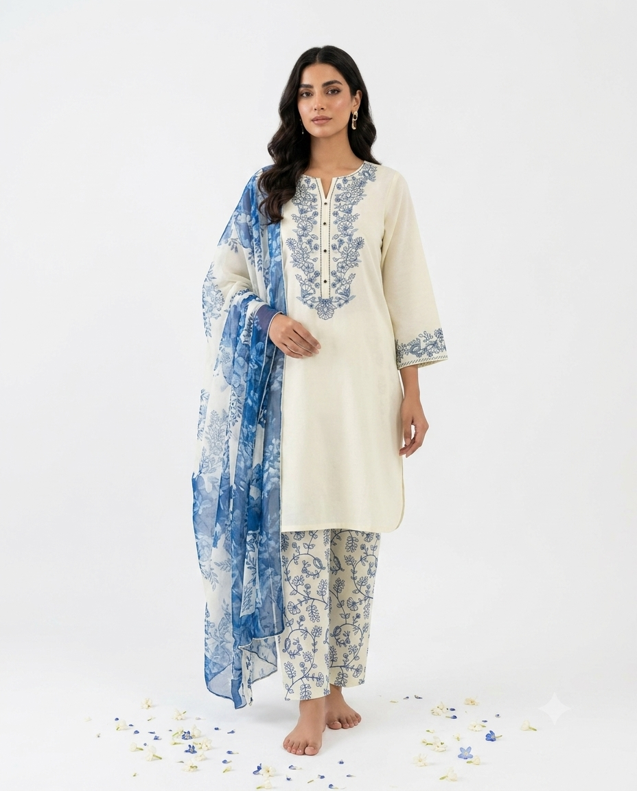 Lemon Embroidered Pure Lawn Shalwar Kameez with Chiffon Dupatta