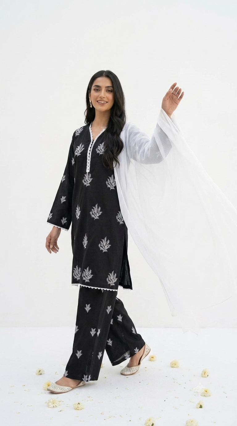 Black Embroidered Lawn Shalwar Kameez with White Embroidery