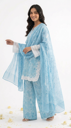 Printed Blue Pure Lawn Embroidered Kameez with Farshi Shalwar with Chiffon Dupatta