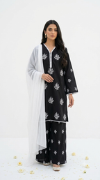 Black Embroidered Lawn Shalwar Kameez with White Embroidery