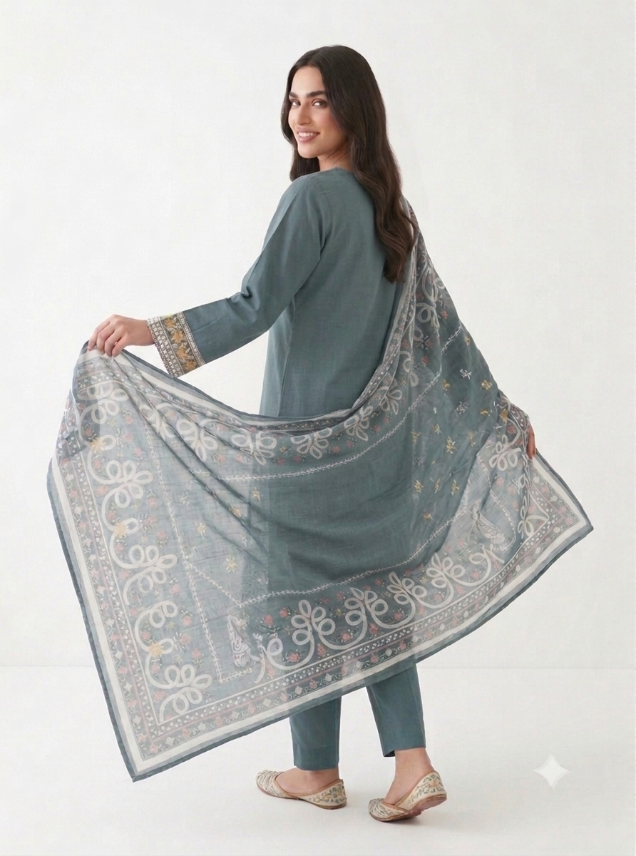 Turquoise Embroidered Cotton Lawn Shalwar Kameez with Summer Dupatta